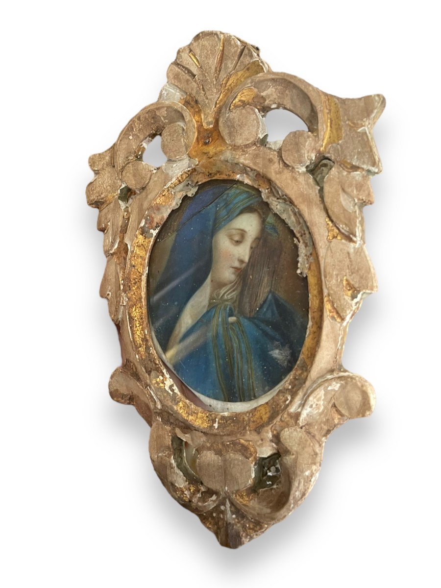 Miniature Début XIXeme Profil De Vierge Cadre En Bois Doré-photo-4