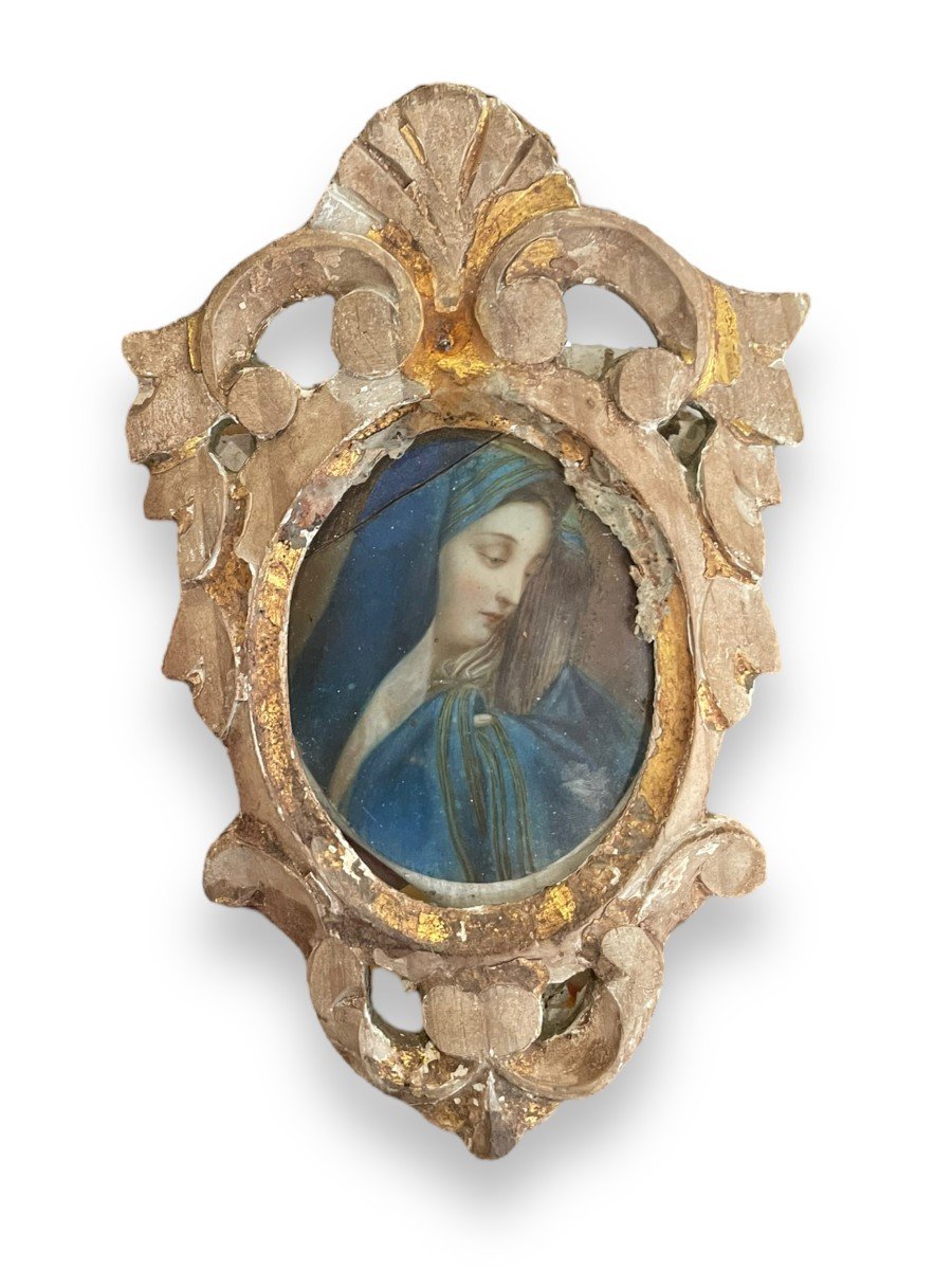 Miniature Début XIXeme Profil De Vierge Cadre En Bois Doré-photo-5