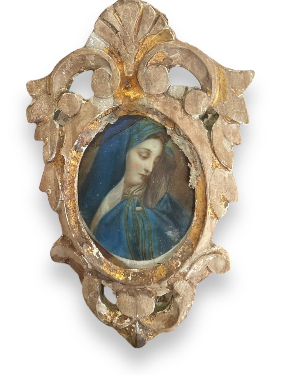 Miniature Début XIXeme Profil De Vierge Cadre En Bois Doré-photo-6