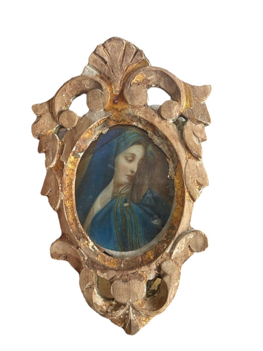 Miniature Début XIXeme Profil De Vierge Cadre En Bois Doré-photo-7