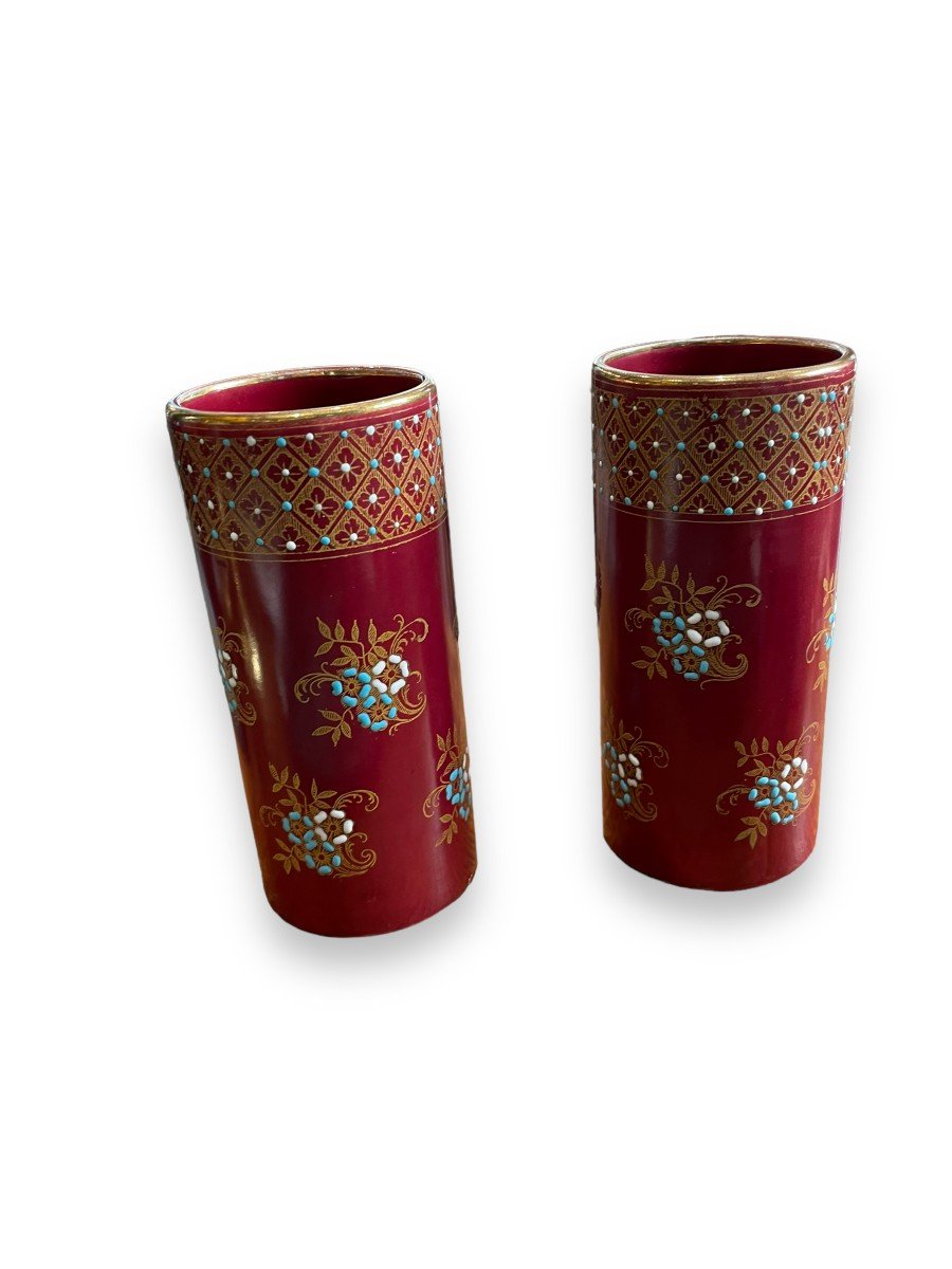 Pair Of Burgundy Glazed Ceramic Roller Vases-photo-3