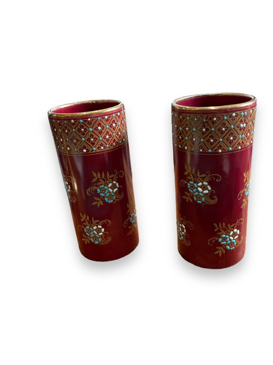 Pair Of Burgundy Glazed Ceramic Roller Vases-photo-4