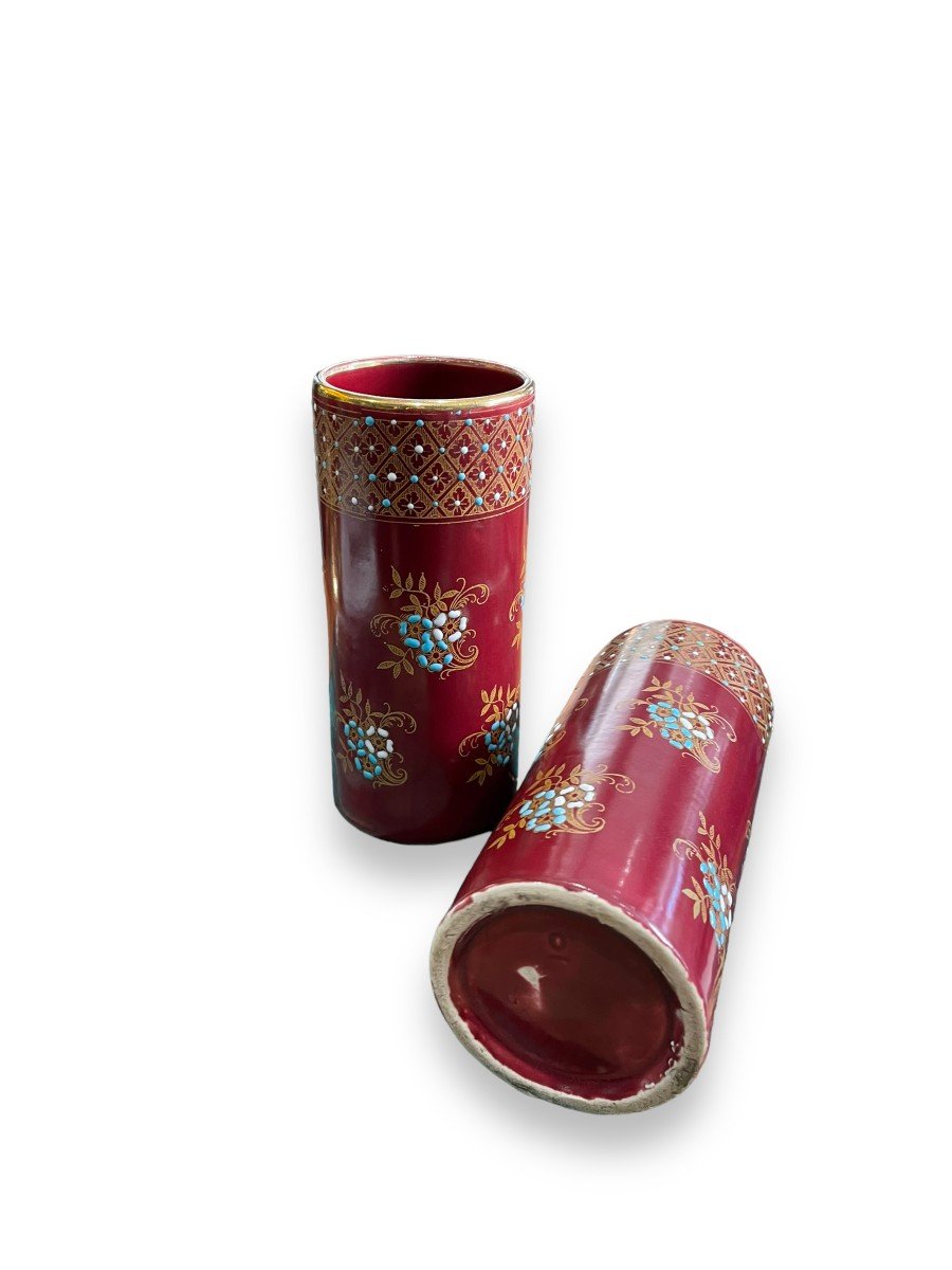 Pair Of Burgundy Glazed Ceramic Roller Vases-photo-2