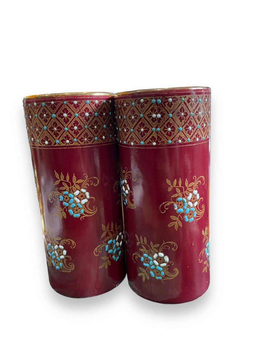 Pair Of Burgundy Glazed Ceramic Roller Vases-photo-3