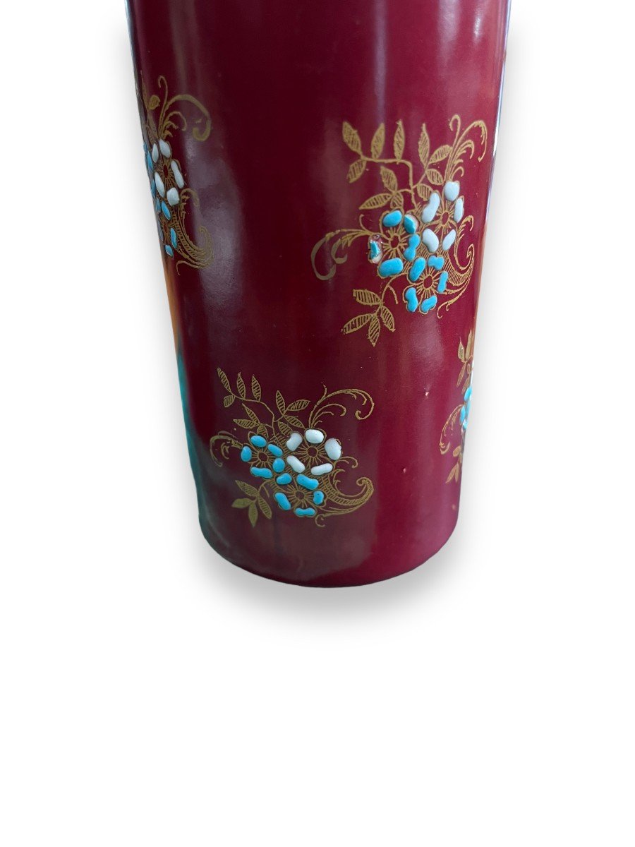 Pair Of Burgundy Glazed Ceramic Roller Vases-photo-8