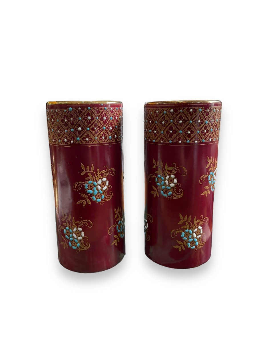 Pair Of Burgundy Glazed Ceramic Roller Vases