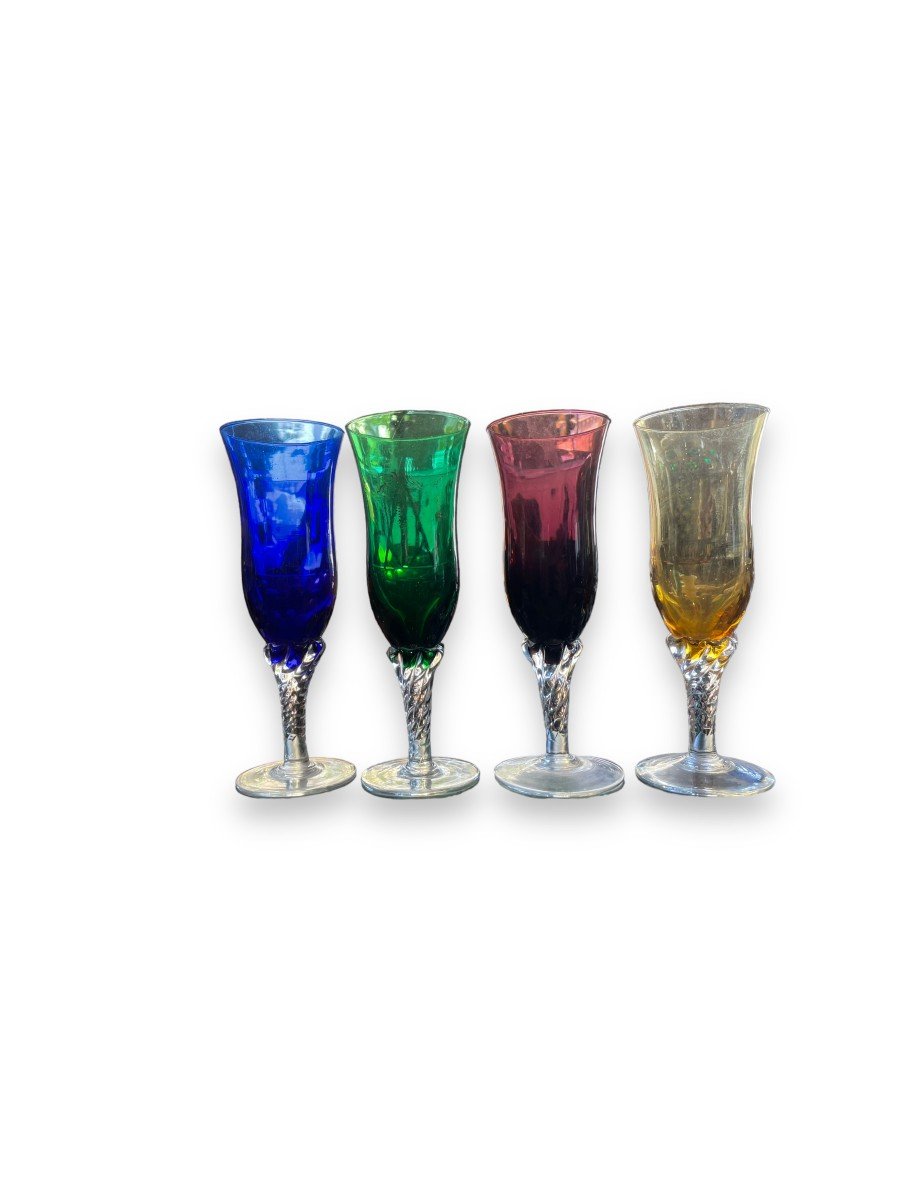 Series Of 4 Champagne Flutes In Blown And Colored Glass-photo-3