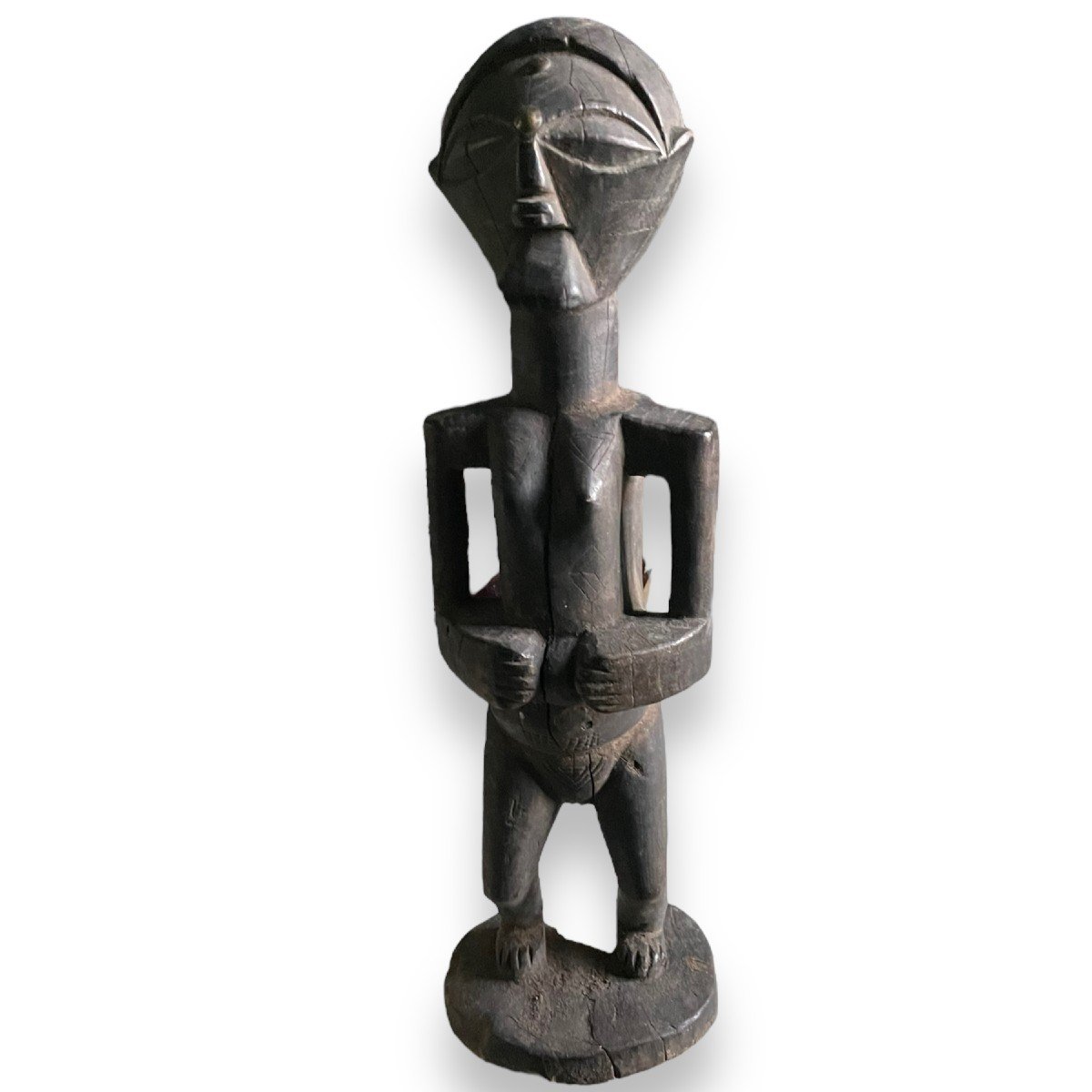 African Statuette With Dark Patina Woman Holding Her Belly Kifwebe Style Drc