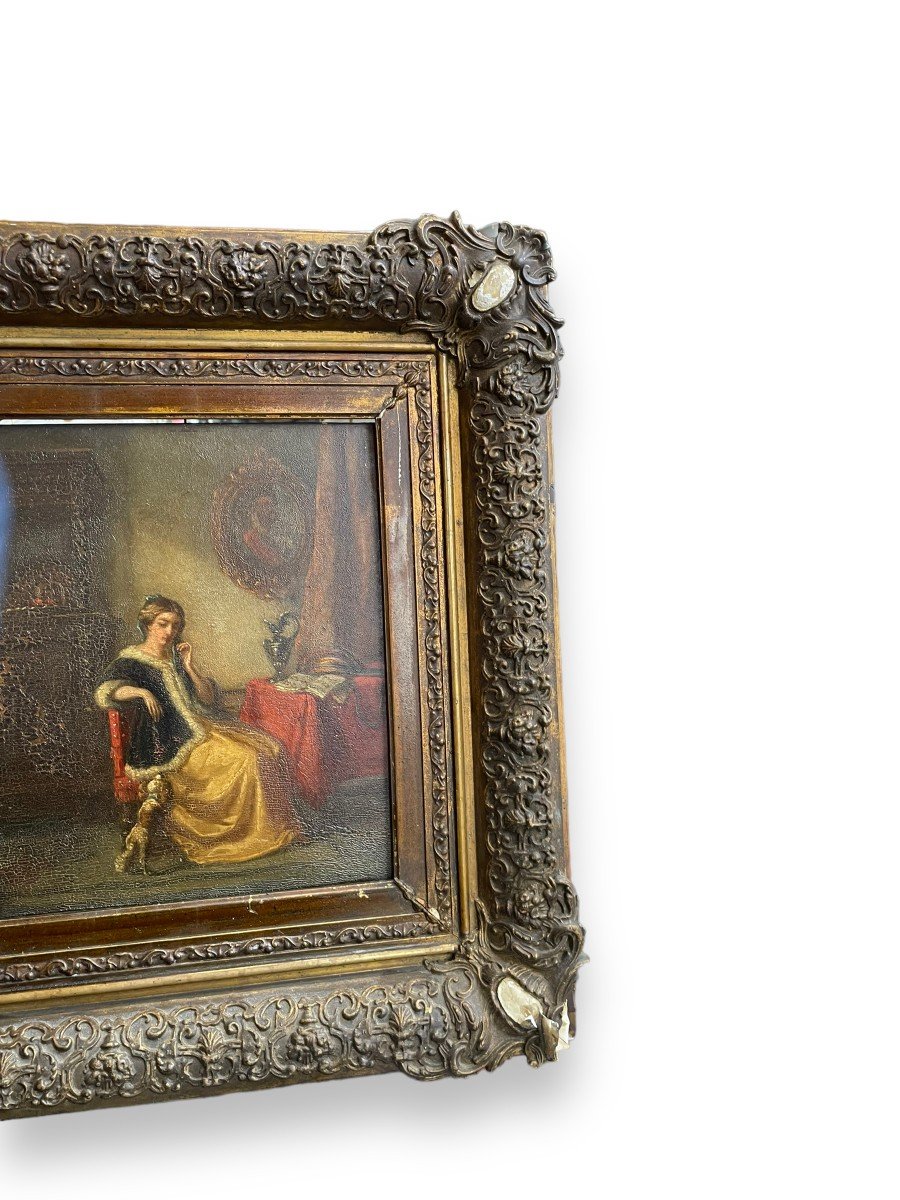 Oil On Panel Interior Scene Lady And Dog-photo-3