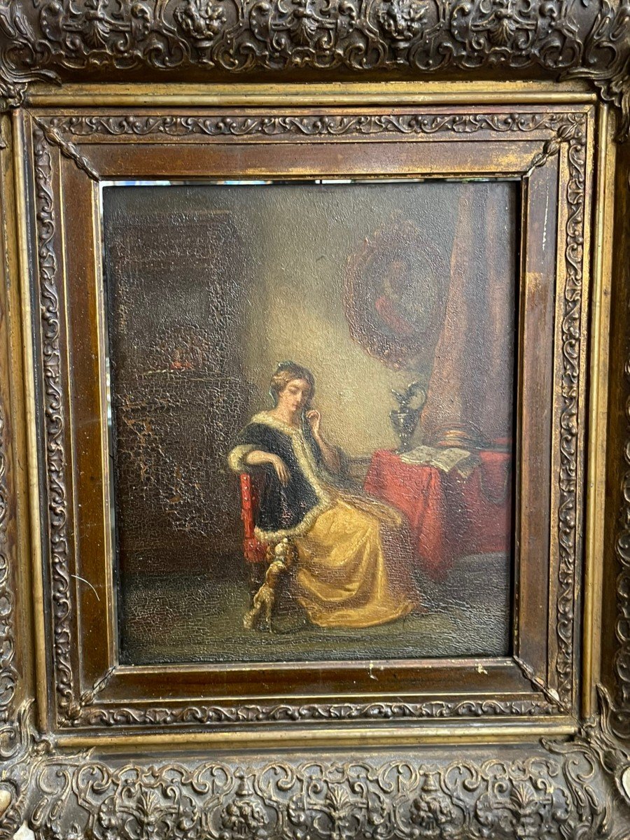 Oil On Panel Interior Scene Lady And Dog-photo-3