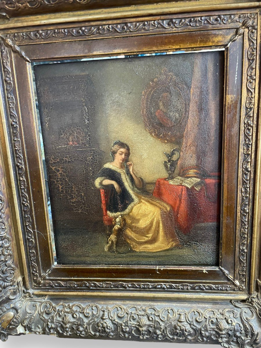 Oil On Panel Interior Scene Lady And Dog-photo-4