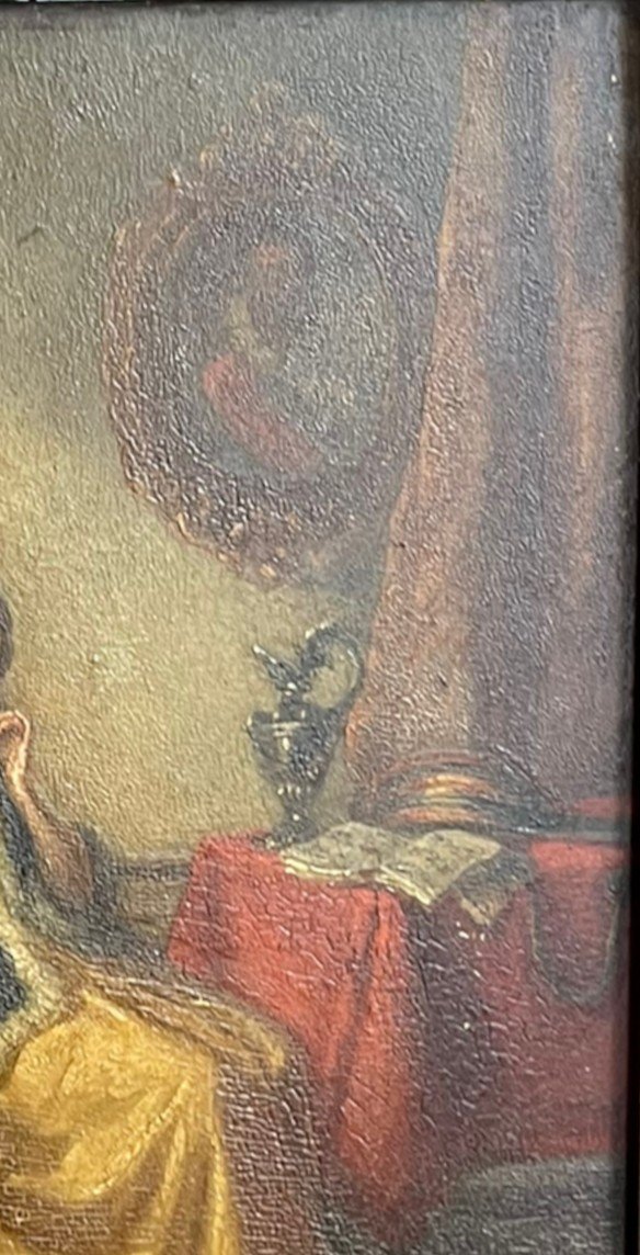 Oil On Panel Interior Scene Lady And Dog-photo-5