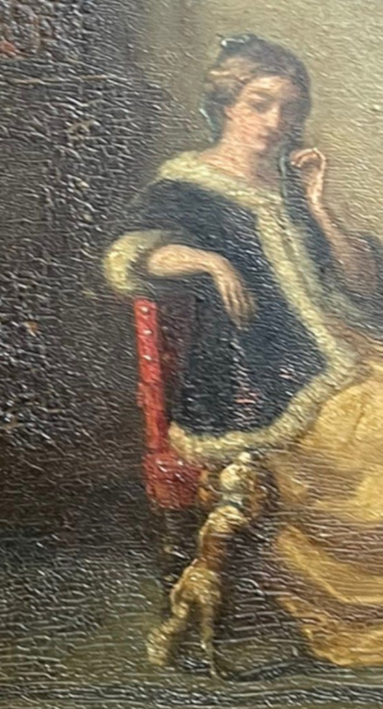 Oil On Panel Interior Scene Lady And Dog-photo-6