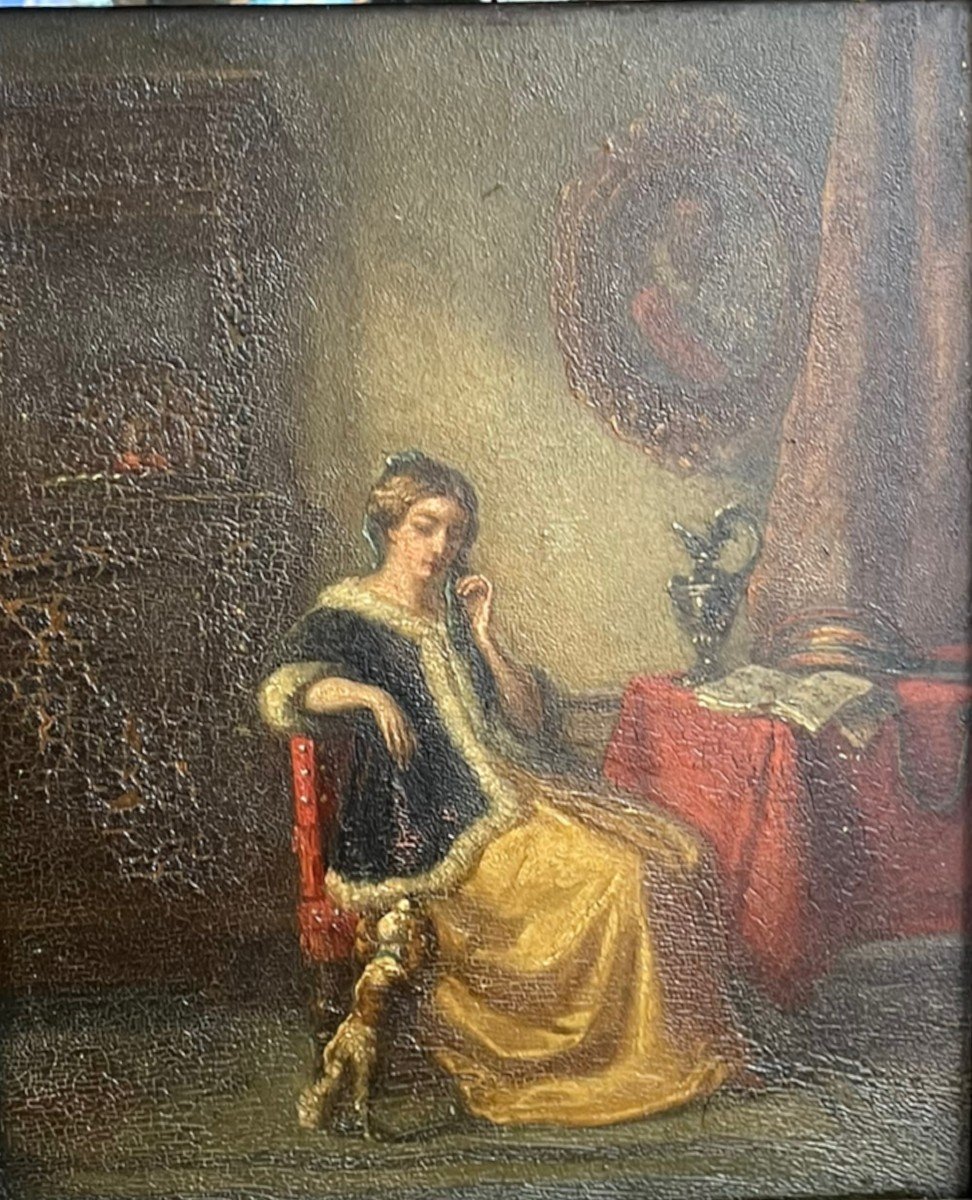 Oil On Panel Interior Scene Lady And Dog