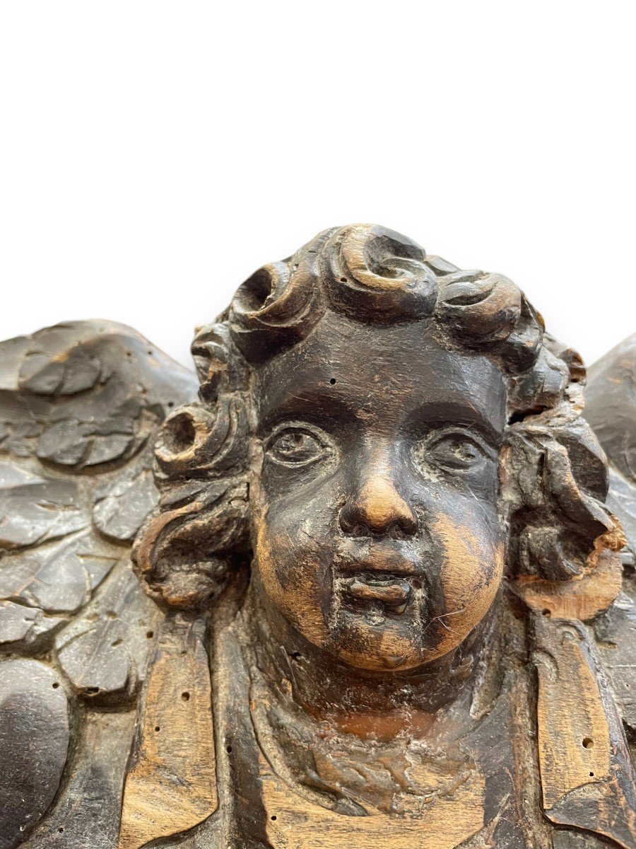 Fronton Bas Relief à Décor d'Ange Chérubin En Bois Sculpté Fin XVIII Eme Début XIX Eme-photo-3