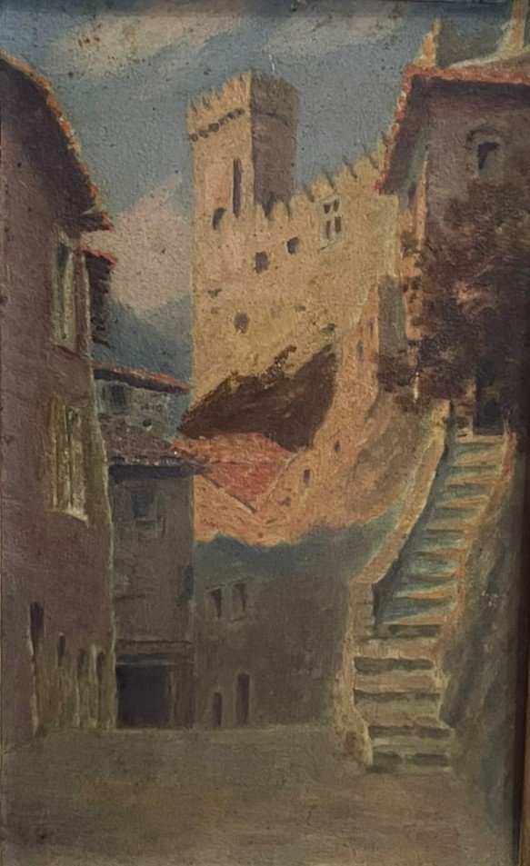 Castle And Alley In The South Of France Oil On Panel-photo-2