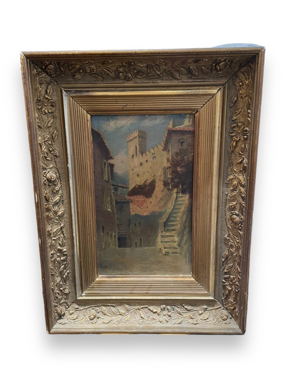 Castle And Alley In The South Of France Oil On Panel-photo-1