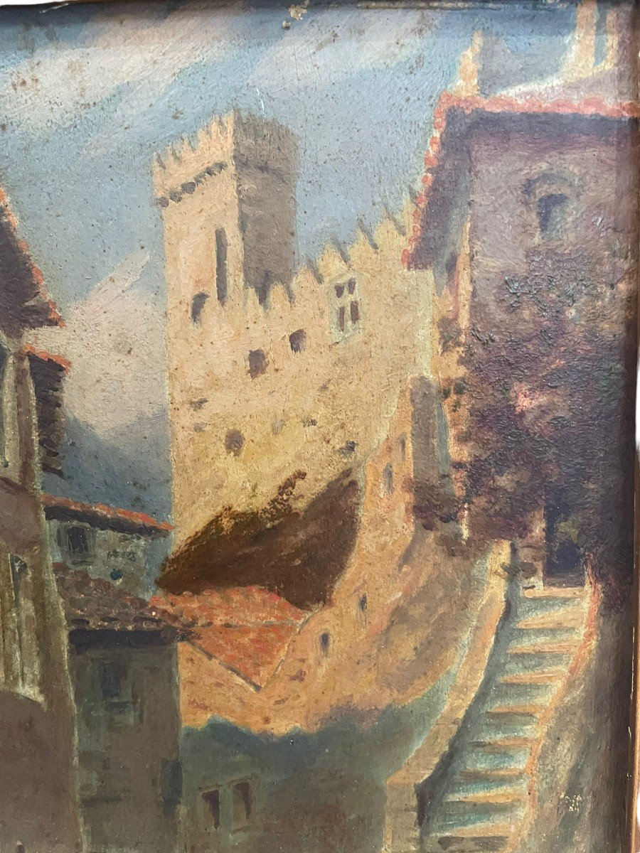 Castle And Alley In The South Of France Oil On Panel-photo-6
