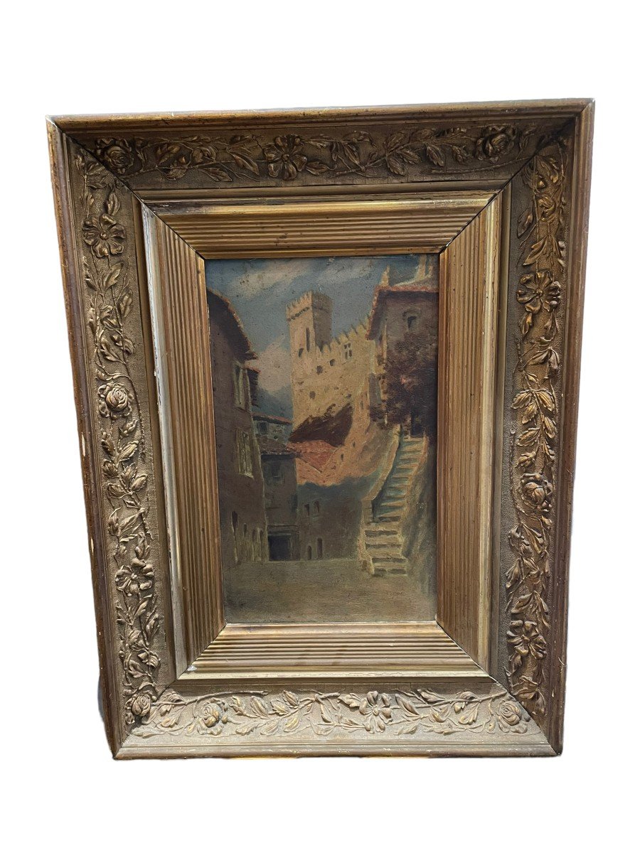 Castle And Alley In The South Of France Oil On Panel-photo-7