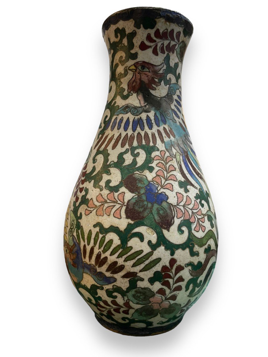 Vase In Bronze And Cloisonné Enamels 19th Century Phoenix Motif-photo-2