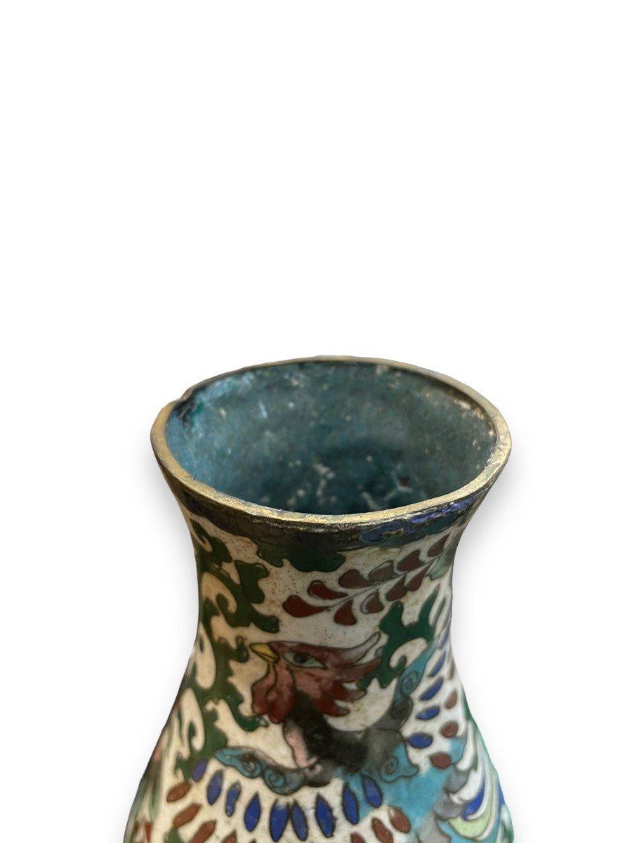 Vase In Bronze And Cloisonné Enamels 19th Century Phoenix Motif-photo-3