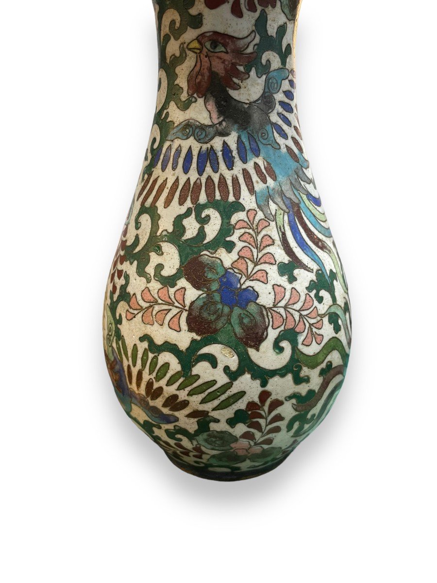 Vase In Bronze And Cloisonné Enamels 19th Century Phoenix Motif-photo-4