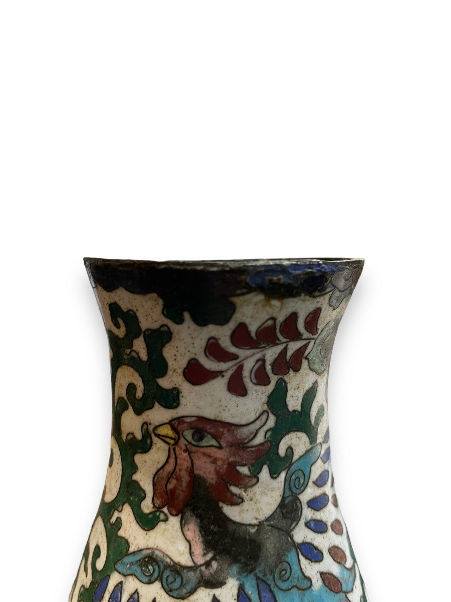 Vase In Bronze And Cloisonné Enamels 19th Century Phoenix Motif-photo-3