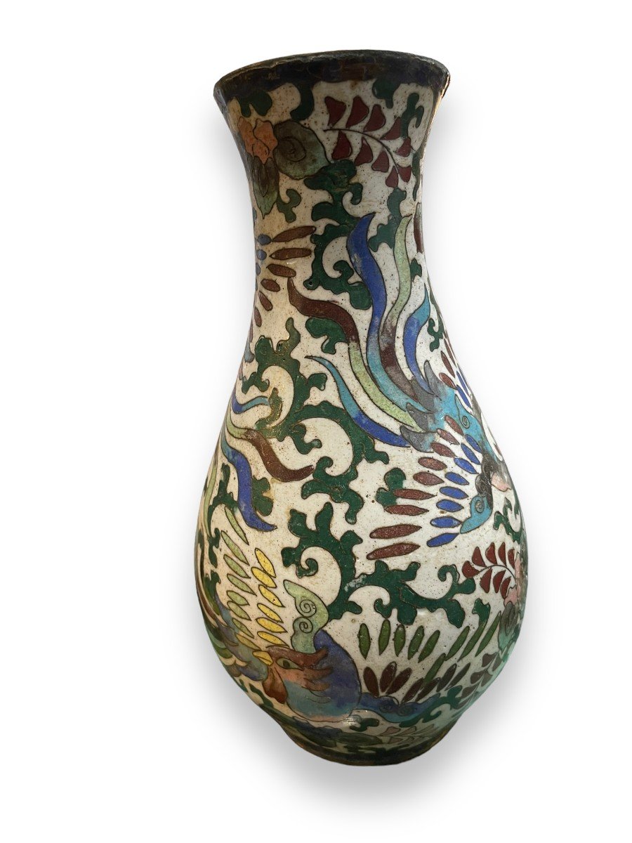 Vase In Bronze And Cloisonné Enamels 19th Century Phoenix Motif-photo-6