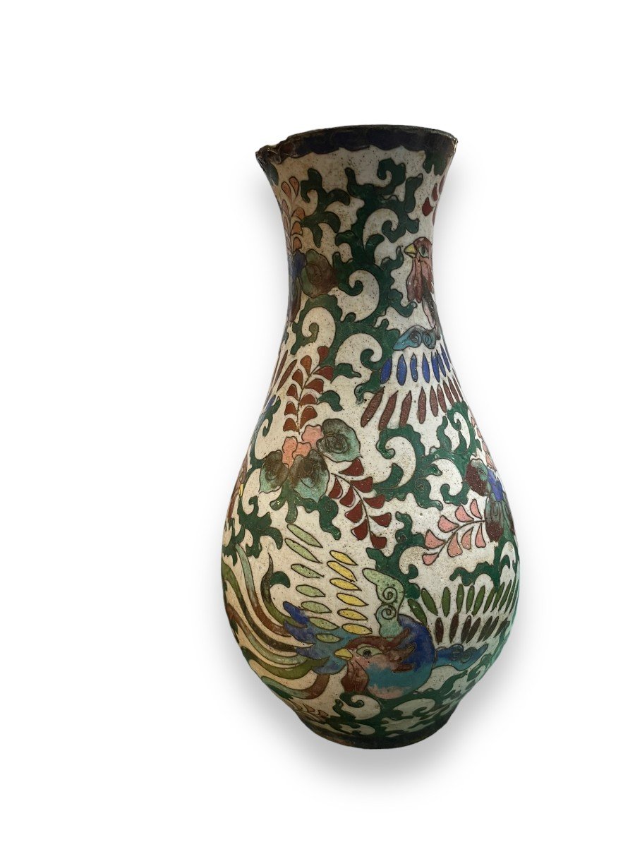 Vase In Bronze And Cloisonné Enamels 19th Century Phoenix Motif-photo-7