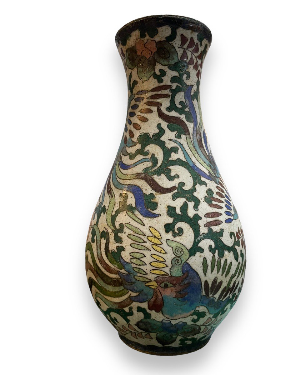 Vase In Bronze And Cloisonné Enamels 19th Century Phoenix Motif