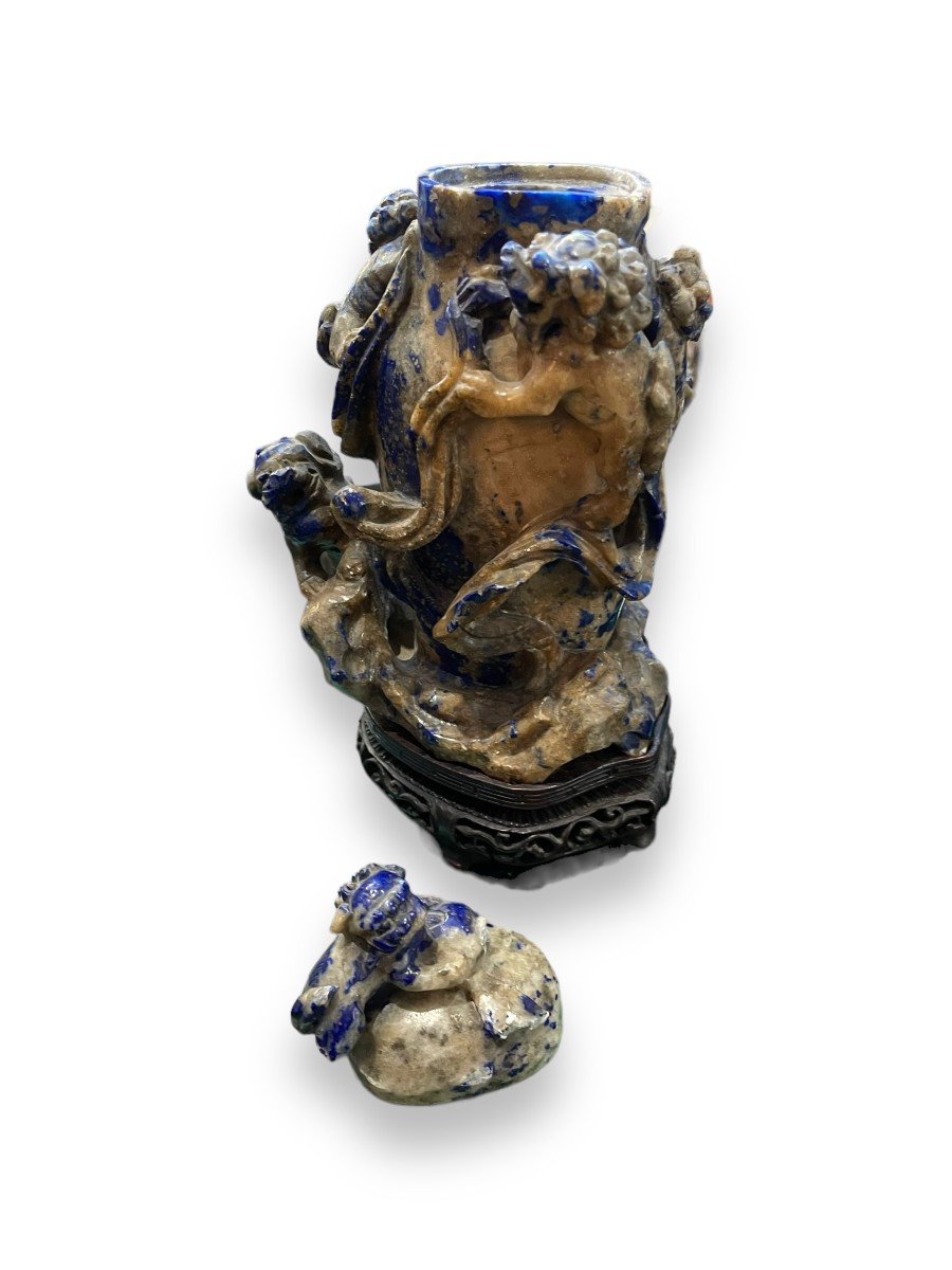 Important Chinese Covered Pot In Blue Sodalite Stone-photo-3