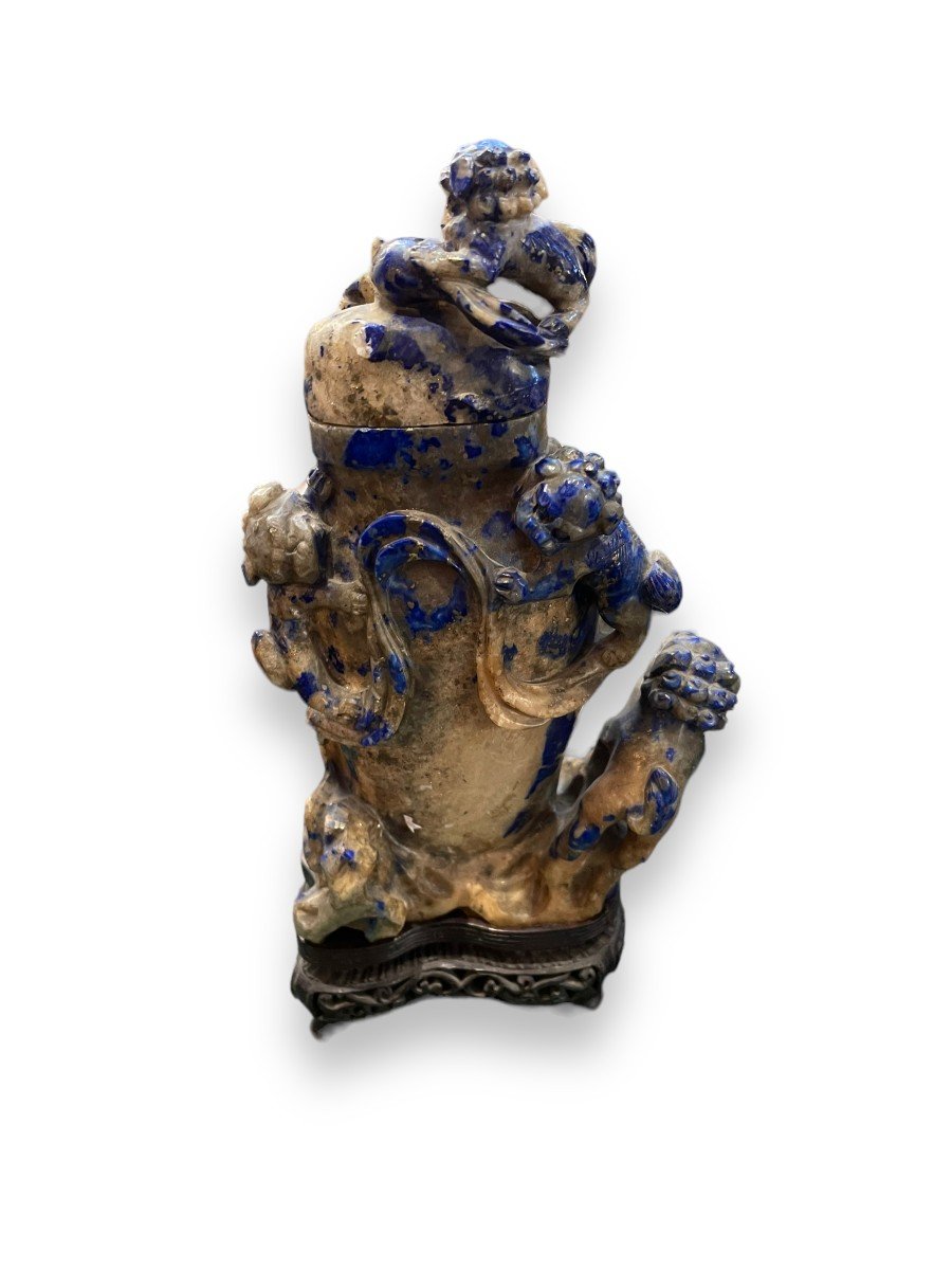 Important Chinese Covered Pot In Blue Sodalite Stone-photo-4