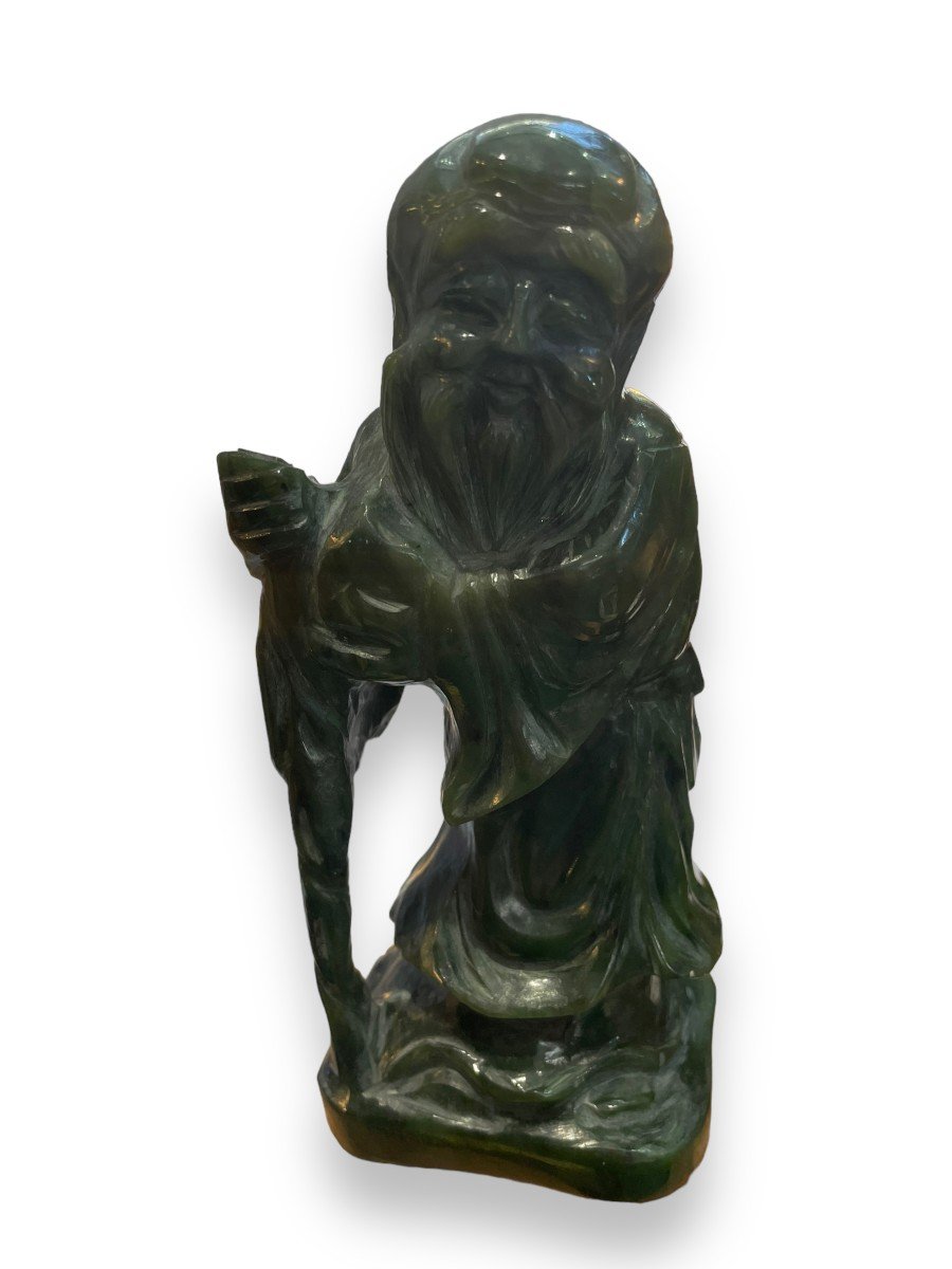 Chinese Subject In Green Nephrite Jade Scholar Carrying A Staff Of Wisdom-photo-2
