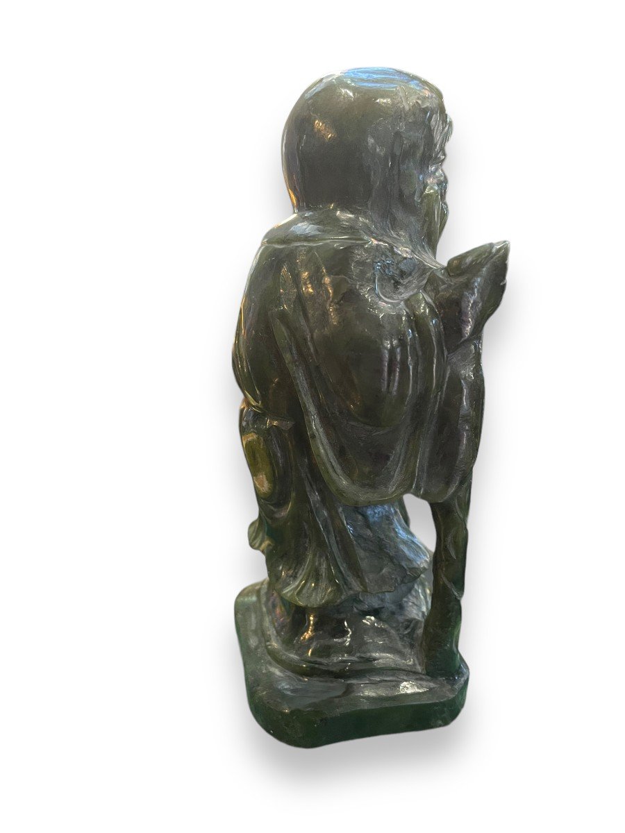 Chinese Subject In Green Nephrite Jade Scholar Carrying A Staff Of Wisdom-photo-3