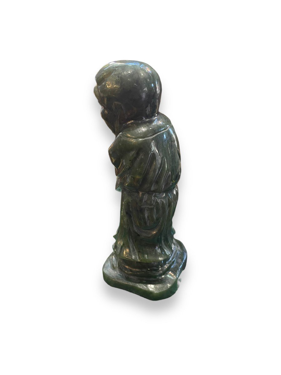 Chinese Subject In Green Nephrite Jade Scholar Carrying A Staff Of Wisdom-photo-1