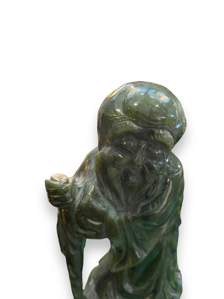 Chinese Subject In Green Nephrite Jade Scholar Carrying A Staff Of Wisdom-photo-6