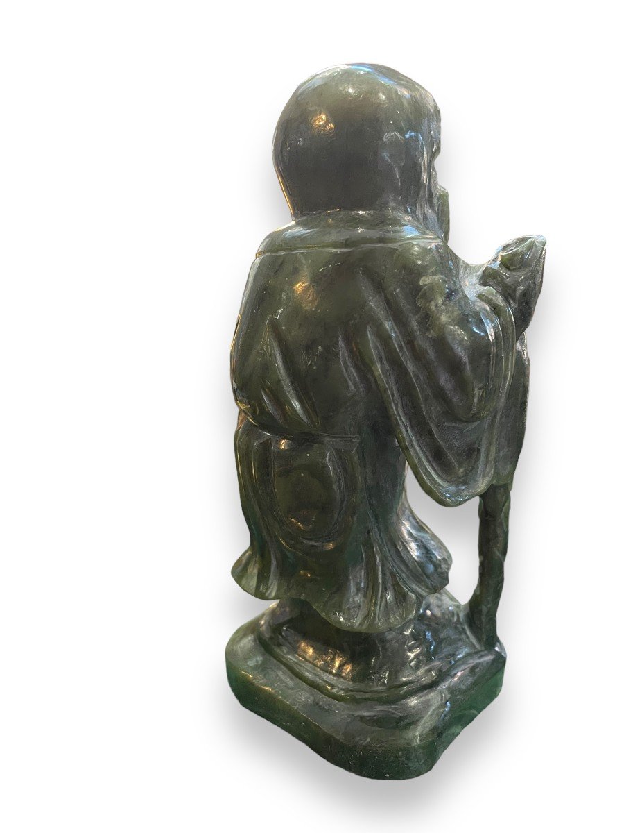 Chinese Subject In Green Nephrite Jade Scholar Carrying A Staff Of Wisdom-photo-8