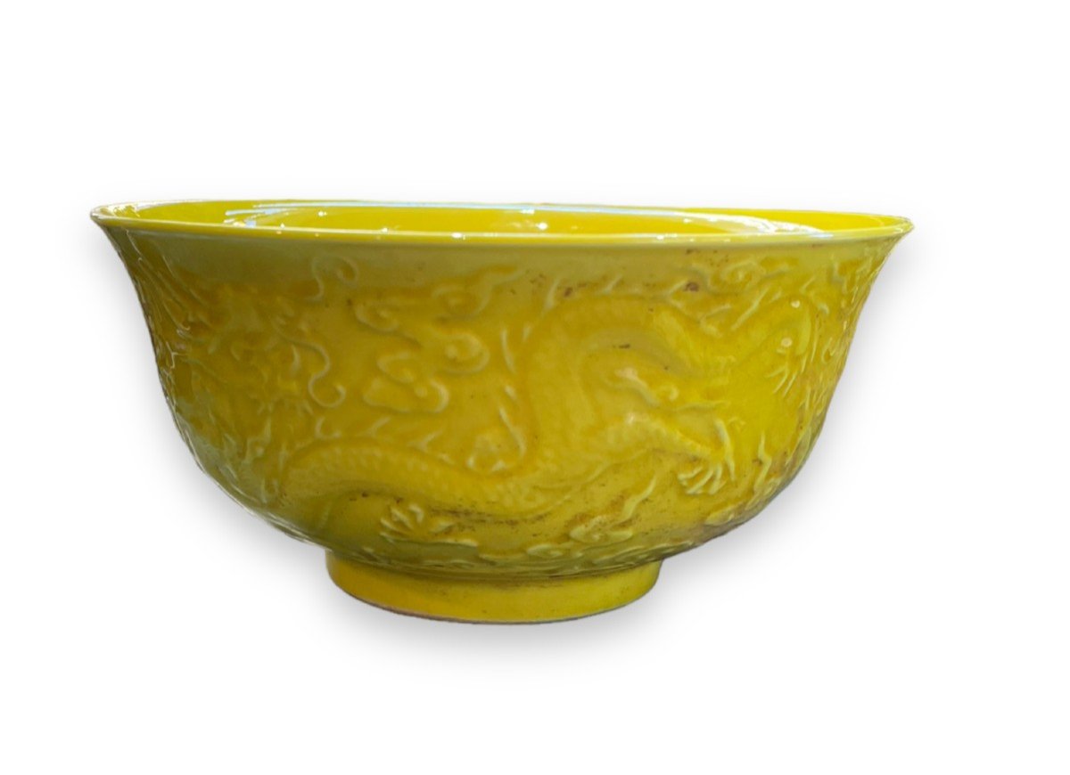 Bol Jaune Impérial CHINE Style Hong Tche décor de dragons-photo-4