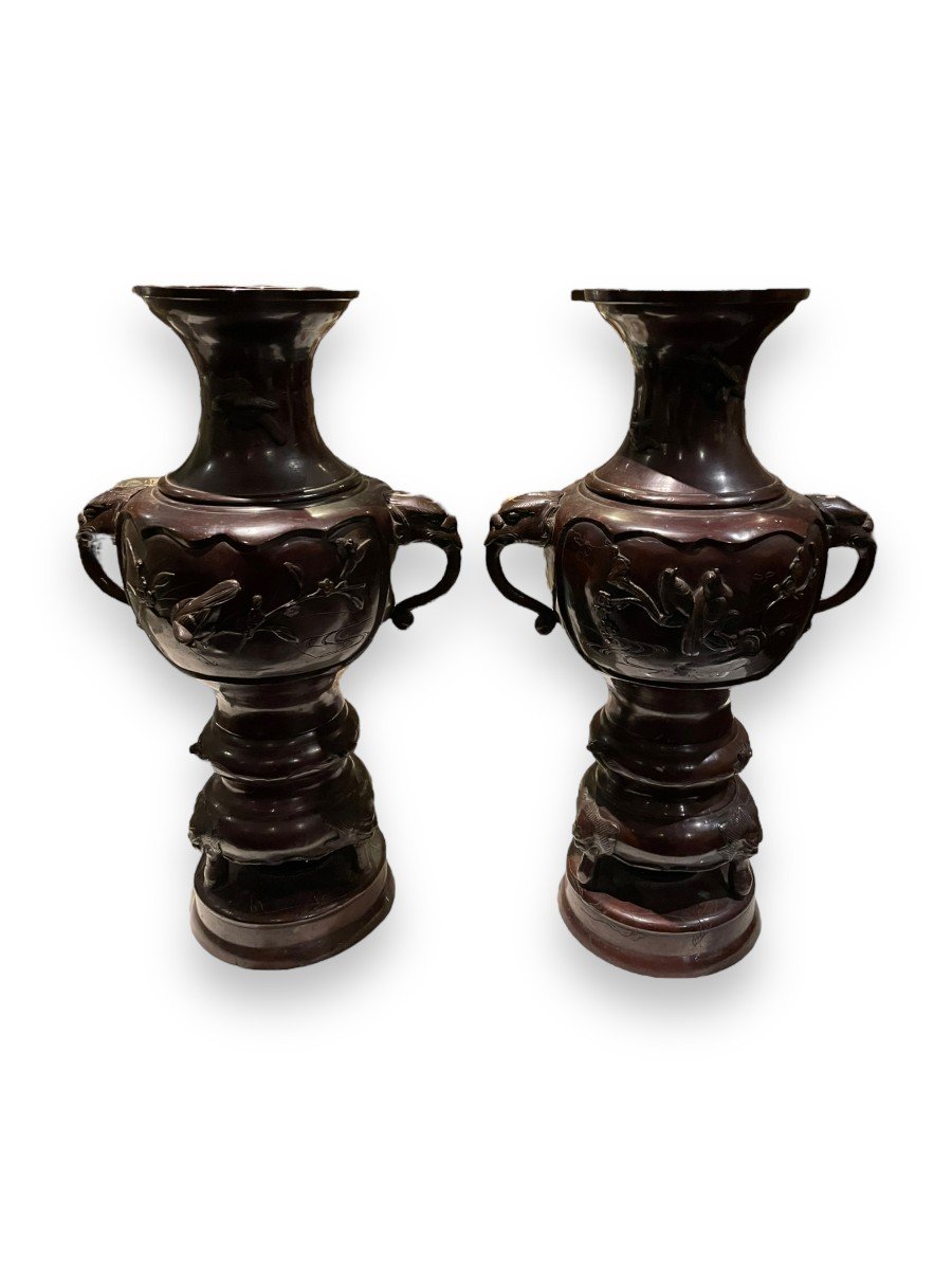 Pair Of Large Japanese Bronze Vases Meiji Period 19th Century-photo-2