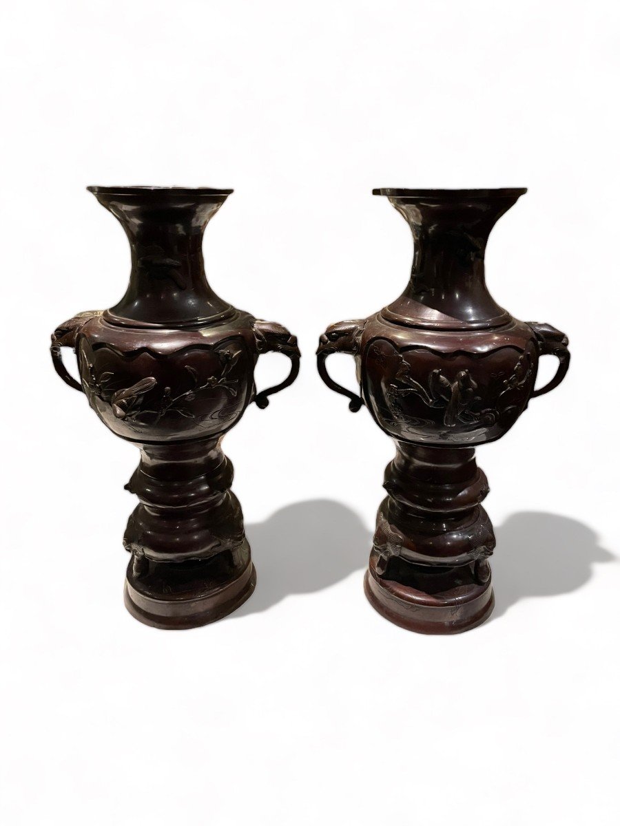 Pair Of Large Japanese Bronze Vases Meiji Period 19th Century-photo-3