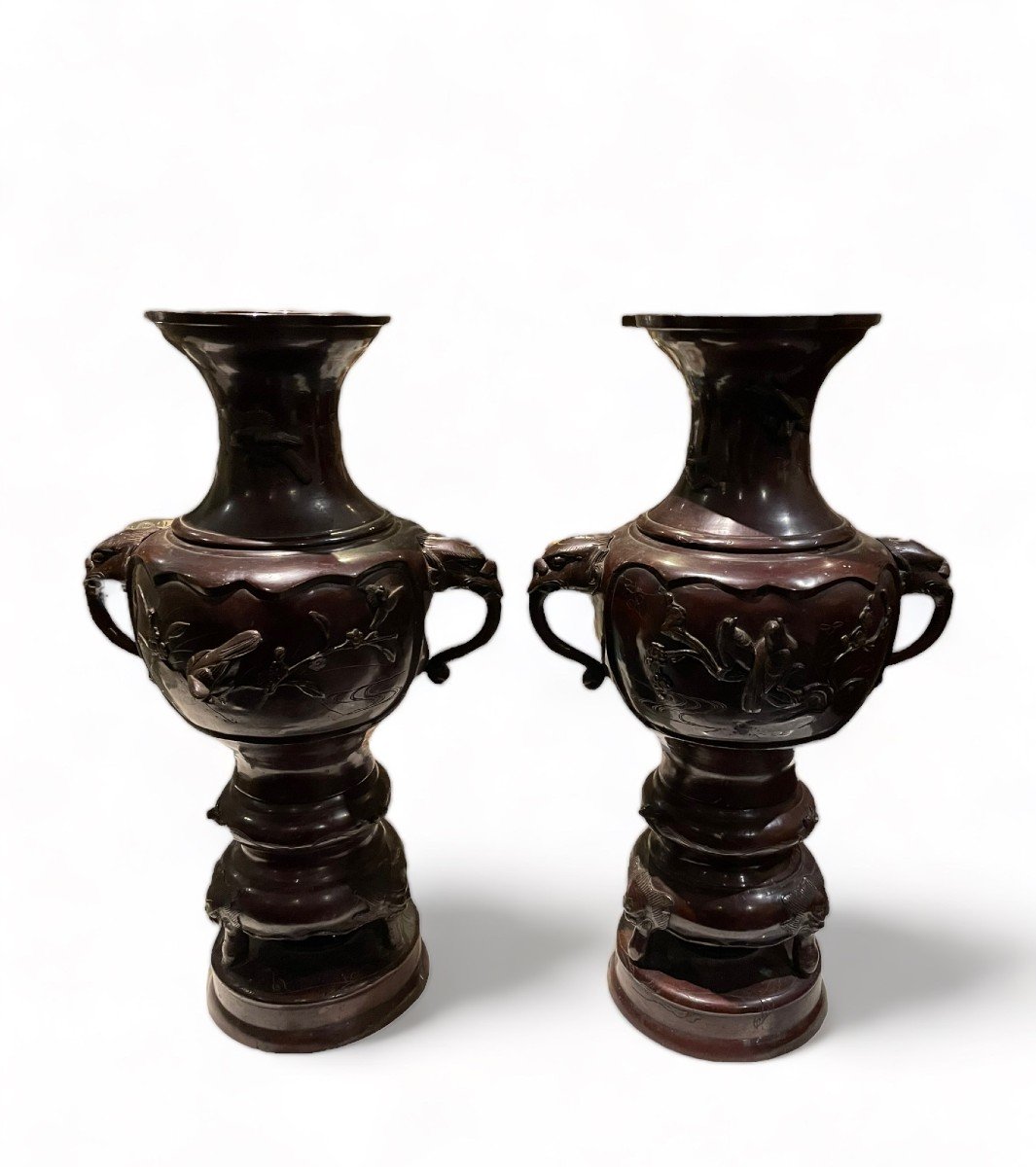 Pair Of Large Japanese Bronze Vases Meiji Period 19th Century