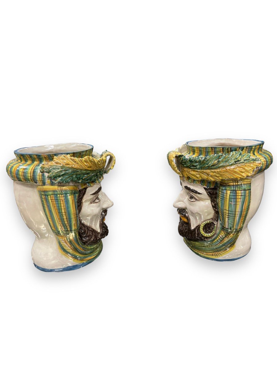 Pair Of Large Sicilian Moorish Heads In Caltagirone Polychrome Terracotta-photo-3