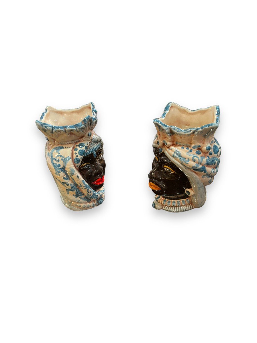 Paire De Vases Têtes Mauresques Siciliennes De Caltagirone Par Boria-photo-6