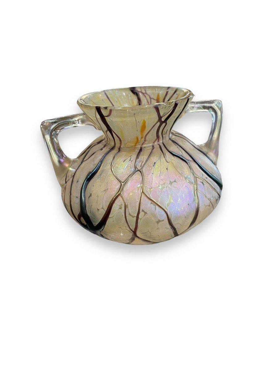 Loetz Iridescent Vase With Glass Paste Handles-photo-7