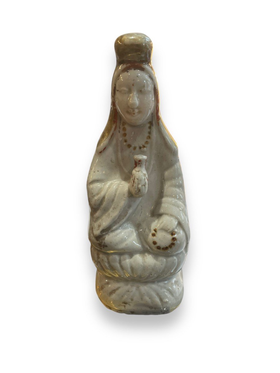 Guanyin Seated Holding Enameled Chinese Porcelain Bottle 19th Century