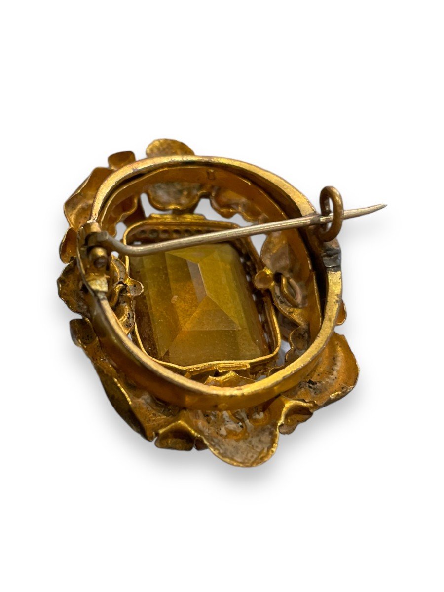 Brooch In Golden Metal Yellow Stone Victorian Period-photo-4