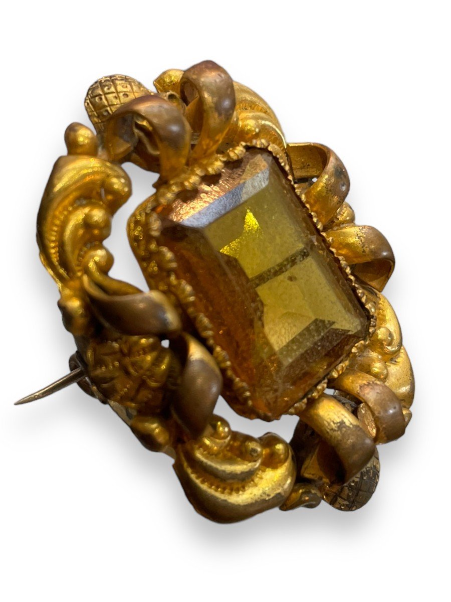 Brooch In Golden Metal Yellow Stone Victorian Period-photo-6