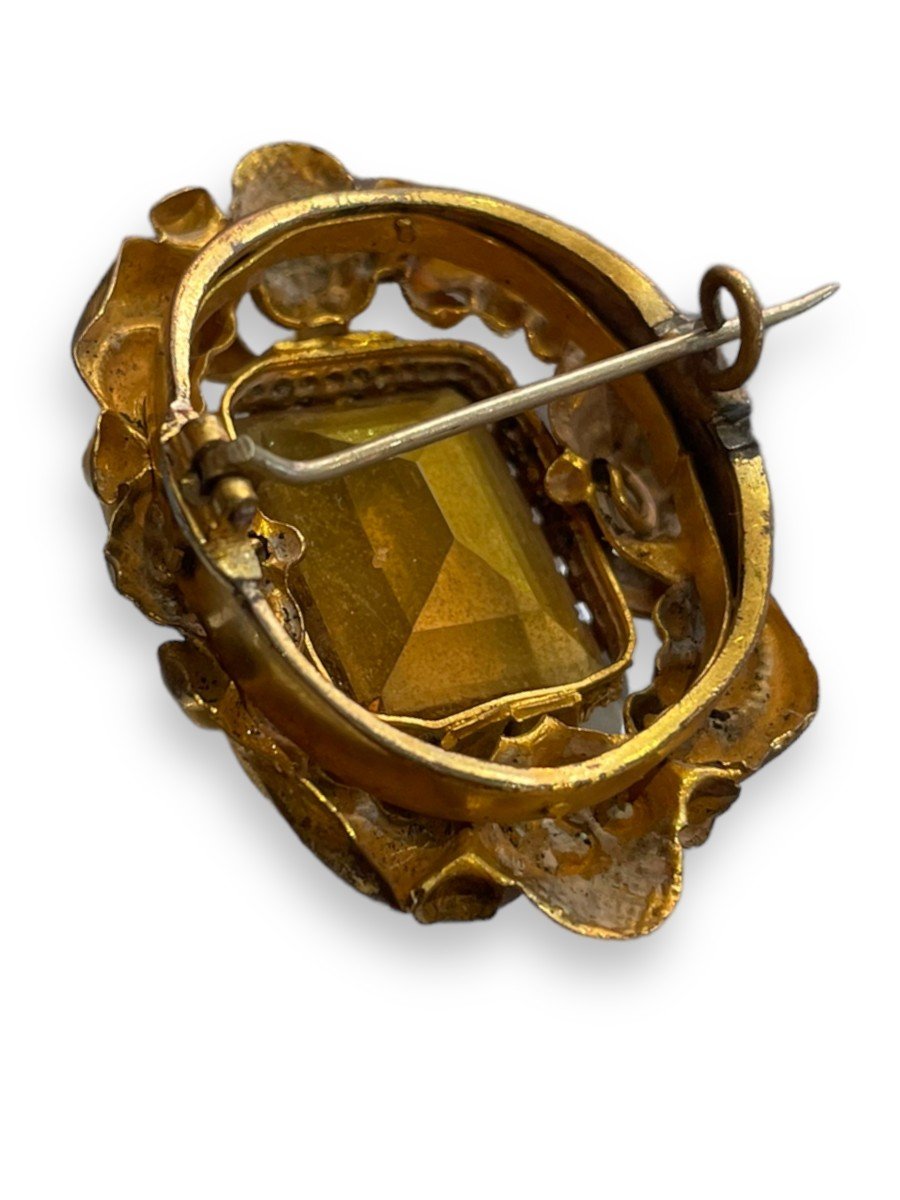 Brooch In Golden Metal Yellow Stone Victorian Period-photo-7