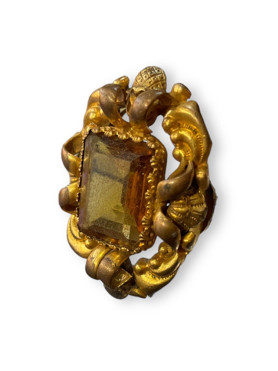 Brooch In Golden Metal Yellow Stone Victorian Period-photo-8