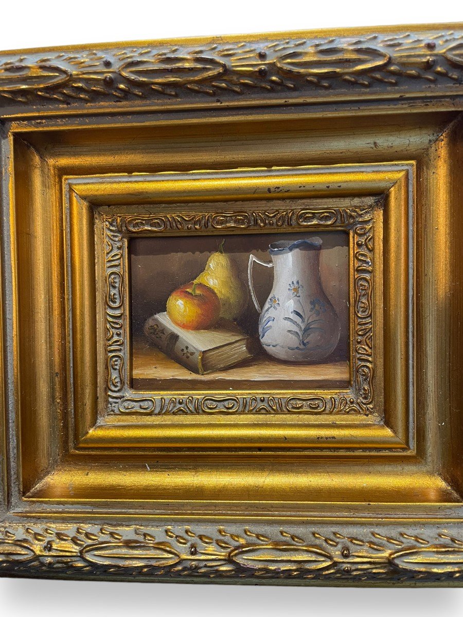 Oil On Panel Still Life Book Fruits And Carafe-photo-2